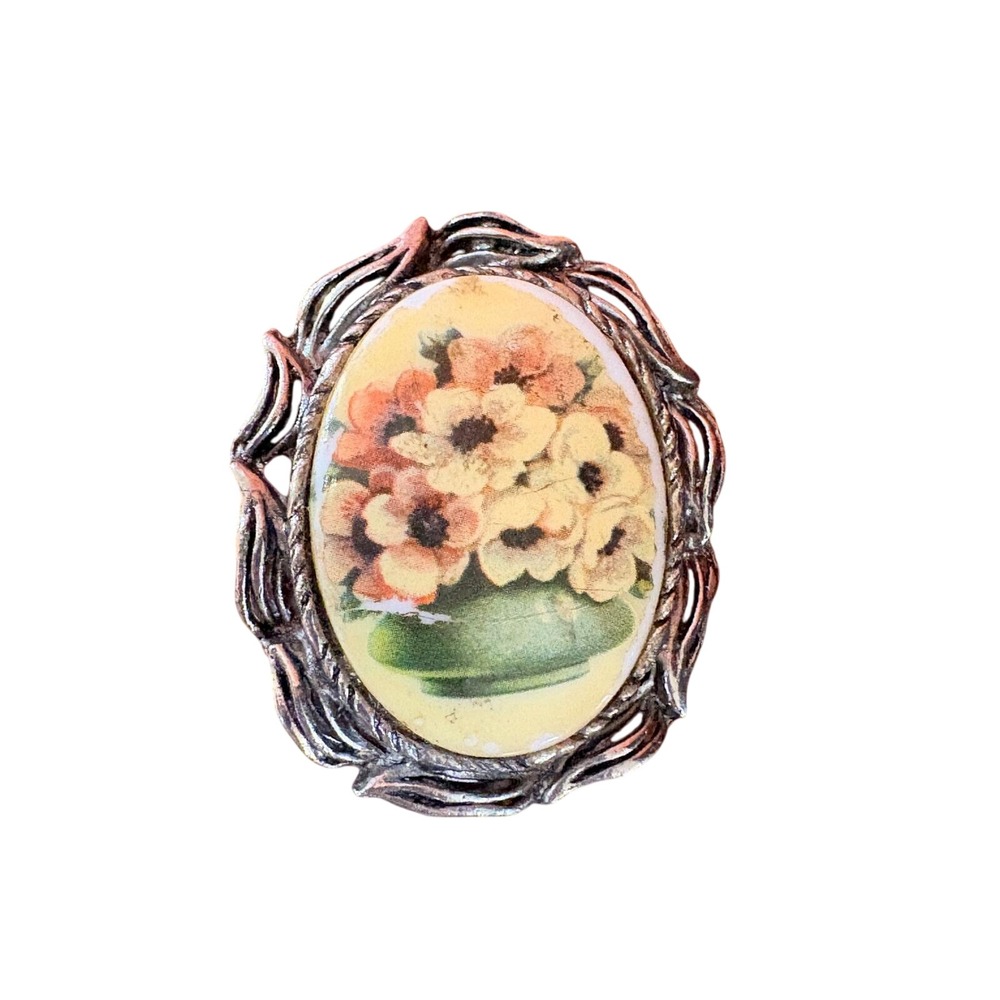 Vintage Floral Bouquet Oval Brooch Pendant Silver Tone Ornate Frame Victorian
